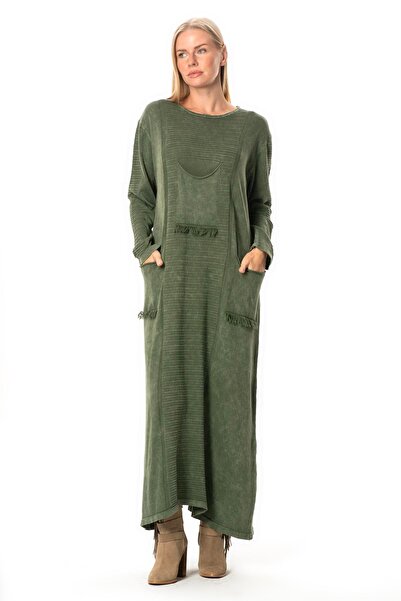 Eliş Şile Bezi Uzun Kol Gamze Cep Detaylı Sonbahar ve Kışlık Uzun Triko Elbise Haki Hk