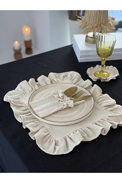 KaiAtelier Natural Ham Keten Dikdörtgen Fırfır Detaylı Amerikan Servis/ Supla 1 Adet