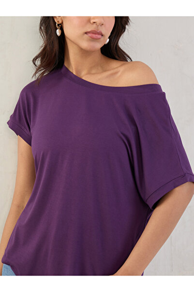 Femmella By Styli Purple One Shoulder Neck Knit Top