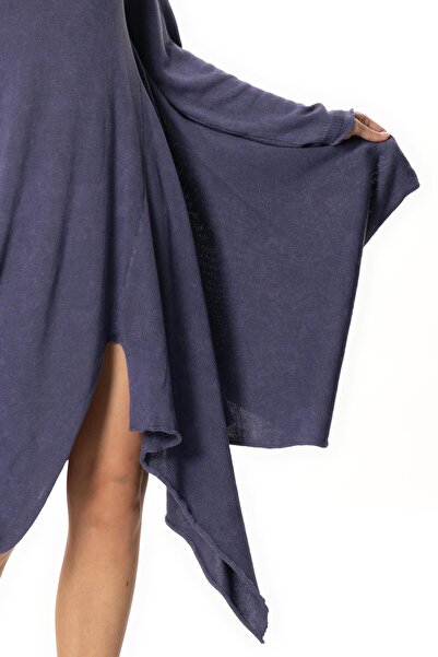 Eliş Şile Bezi Long Sleeve Handan Asymmetrical Cut Autumn and Winter Flowy Midi Length Knitwear Dress Purple Purple