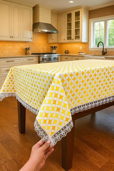 Rona Home Luxury Guipure Yellow Duck Fabric Tablecloth Stylish Patterned Waterproof Wipeable