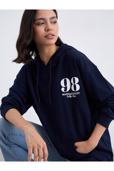 Styli Navy Blue Oversized Graphic Print Hoodie