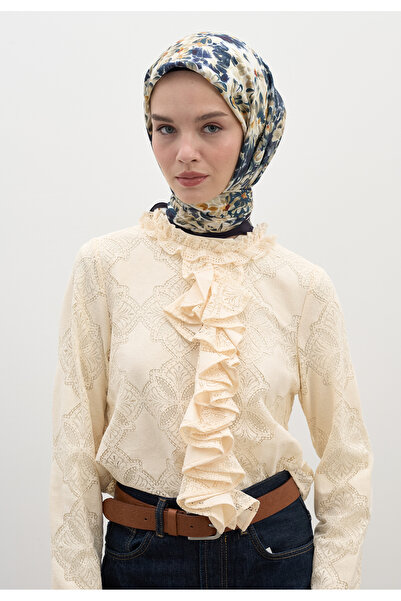 Fresh Eșarfă din bumbac și viscoză cu model flori de cireș, albastru închis