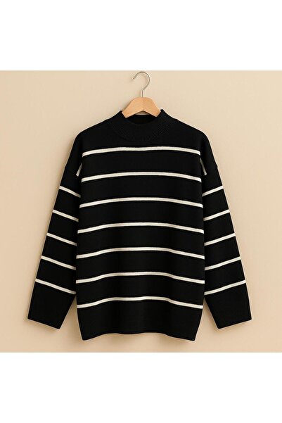 pepule Siyah beyaz Kadın çizgili Oversize Kalıp Örgü Triko Kazak