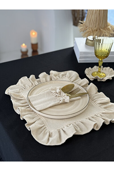 KaiAtelier Natural Ham Keten Dikdörtgen Fırfır Detaylı Amerikan Servis/ Supla 1 Adet