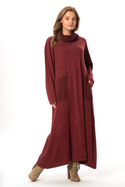 Eliş Şile Bezi Long Sleeve Sevda Wide Neck Autumn and Winter Pocket Knitwear Dress Burgundy Brd