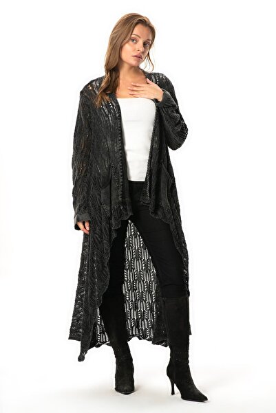 Eliş Şile Bezi Μακρυμάνικο Sena Ασύμμετρο Πλεκτό Φθινοπωρινό και Χειμερινό Πλεκτό Ζακέτα με τσέπες Smoked Fm