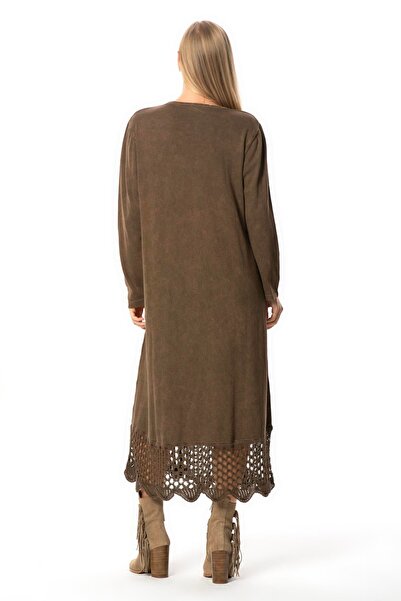 Eliş Şile Bezi Long Sleeve Sena Ethnic Patterned Autumn and Winter Long Knitwear Dress Coffee Khv