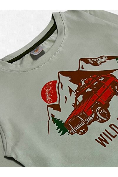 elmas kids Boys' 100% Cotton Combed Fabric Green-White Jeep Camping Patterned Long Sleeve Seasonal Pajama Set