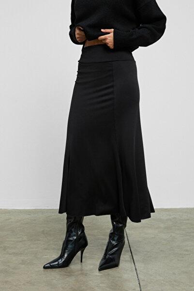 GRIMELANGE Jeveux Women's Stretchy Fabric Stitching Detail Long Black Skirt