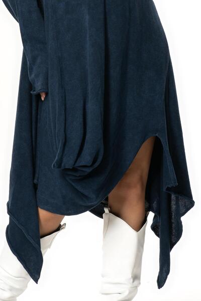 Eliş Şile Bezi Long Sleeve Handan Asymmetrical Cut Autumn and Winter Flowy Midi Length Knitwear Dress Indigo Indg