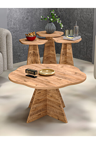 GOLDFALEZ Orta Sehpa Ve Zigon Sehpa 4 Lü Set Dekoratif Yuvarlak Sehpa Yan seh...