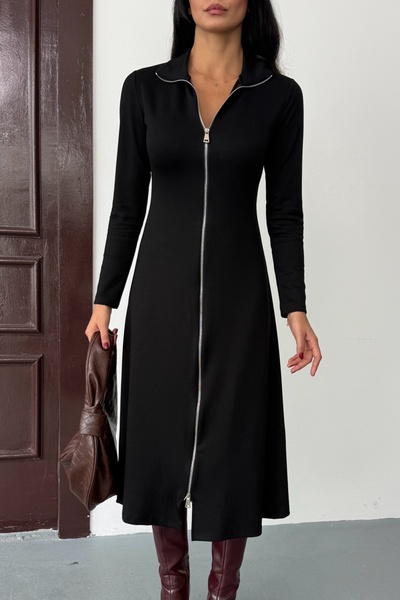 Ded COLLECTION Γυναικείο φόρεμα με διπλό φερμουάρ με μακρυμάνικο λαιμόκοψη με λεπτομέρεια Midi Modal Chic