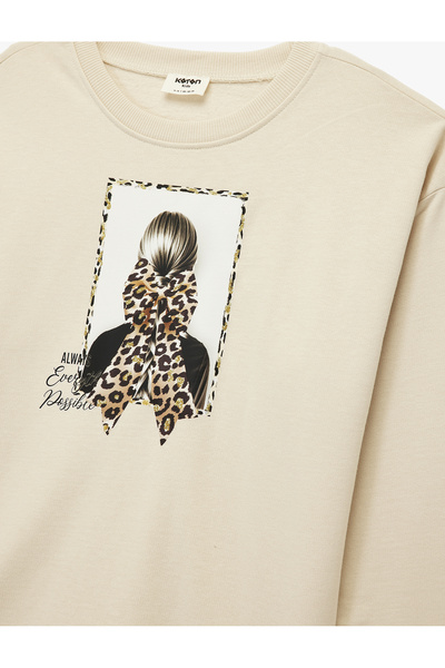 Koton Raised Long Sleeve Crew Neck Cotton Printed Sweatshirt