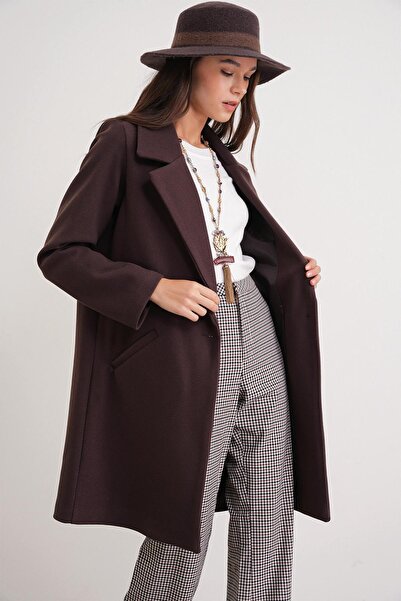 Mixray 3802 Γυναικείο παλτό με ένα κουμπί καφέ