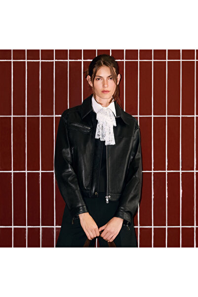 Desa Women's Black Collared Leather Bomber Jacket