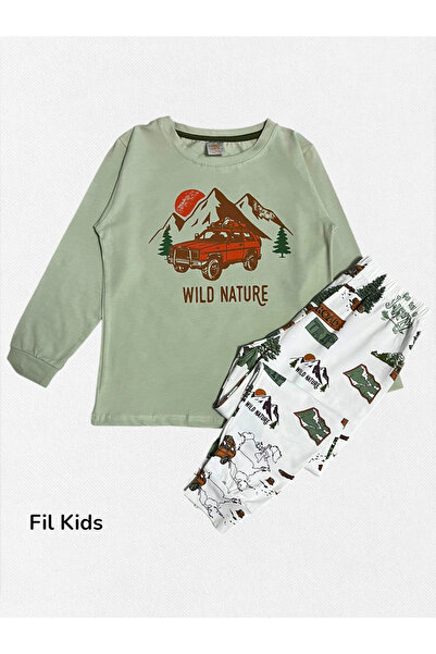 elmas kids Boys' 100% Cotton Combed Fabric Green-White Jeep Camping Patterned Long Sleeve Seasonal Pajama Set
