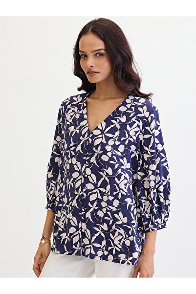 Femmella By Styli Navy Floral Print Buttoned Top