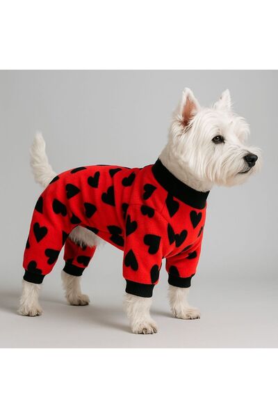 DOGİ&DOG Küçük Irk POLAR Kırmızı Kalp Detaylı Köpek Tulumu Köpek Kıyafeti (1-10kg)