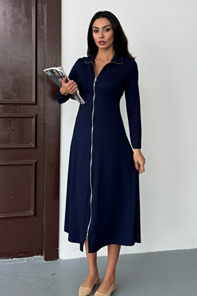 Ded COLLECTION Rochie elegantă midi modală cu mâneci lungi și cu fermoar dublu pentru femei