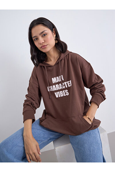 Styli Brown Oversized Slogan Print Hoodie