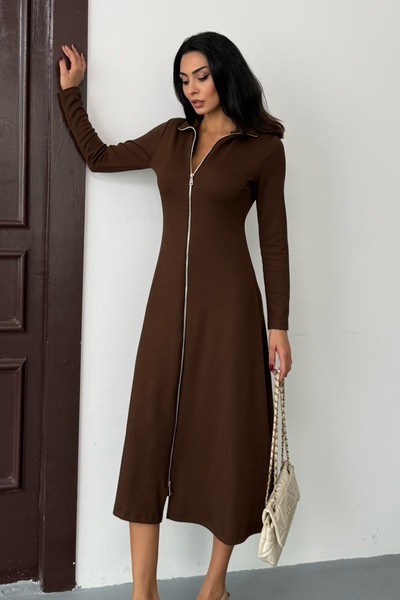 Ded COLLECTION Дамска елегантна рокля с дълъг ръкав, двойна цип и детайли на яката, изработена от модал