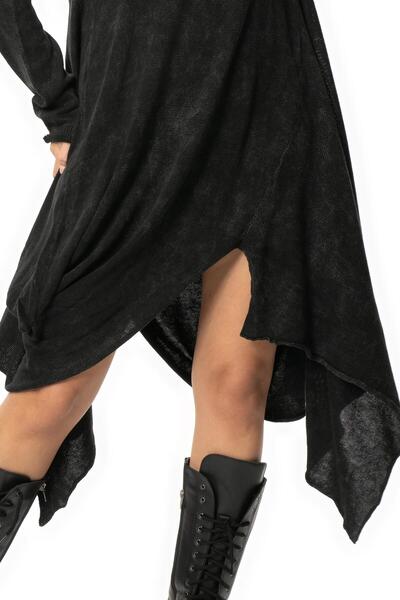 Eliş Şile Bezi Long Sleeve Handan Asymmetrical Cut Autumn and Winter Flowy Midi Length Knitwear Dress Smoked Fm