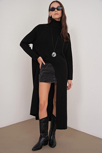 Mixray 6980 Women's Stand Collar Oversize Front Slit Knit Dress Black