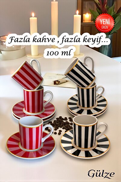 GÜLZE 6 Kişilik (12 Parça) AHENK Model Lüks Kahve Fincan Takımı (3 Adet kırmızı-pembe, 3 adet siyah-beyaz)