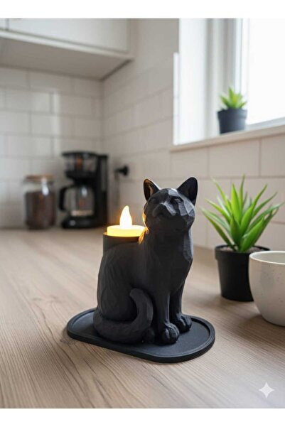 Findify Store Siyah Dekoratif Kedi Biblo Led Mumlu Şık Ev Ofis Masa Üstü Aksesuar Mumluk (led Mum Hediye) 14 x 12