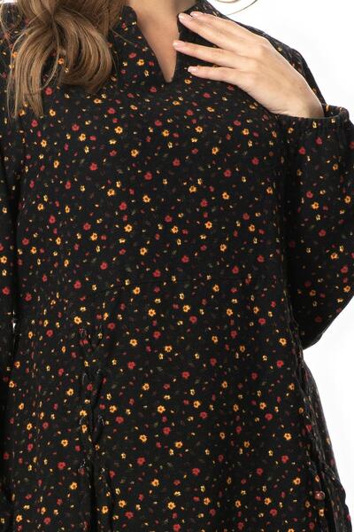 Eliş Şile Bezi Long Sleeve Fahriye Flannel Floral Pattern V-Neck Short Autumn and Winter Dress Black Syh