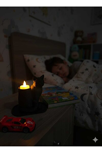 Findify Store Siyah Dekoratif Kedi Biblo Led Mumlu Şık Ev Ofis Masa Üstü Aksesuar Mumluk (led Mum Hediye) 14 x 12