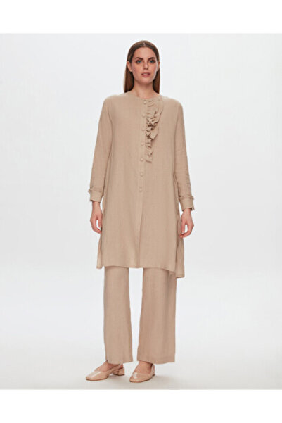 MISS DALIDA T24Y-6034 Yakası Fırfır Detaylı Keten Tunik BEİGE