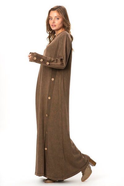 Eliş Şile Bezi Long Sleeve Eye-Catching Crew Neck Button Detail Autumn and Winter Long Knit Dress Coffee Khv