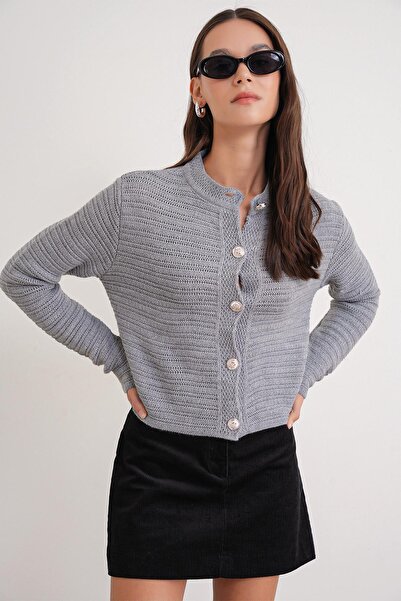 Mixray 6778 Women's Links Patterned Crop Knit Cardigan Gray