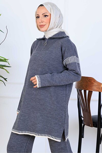 benguen Zippered Collar Stripe Detail Knitwear Set S1061 Anthracite