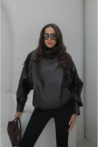 Havoş Brown Leather Jacket with Throat Detail