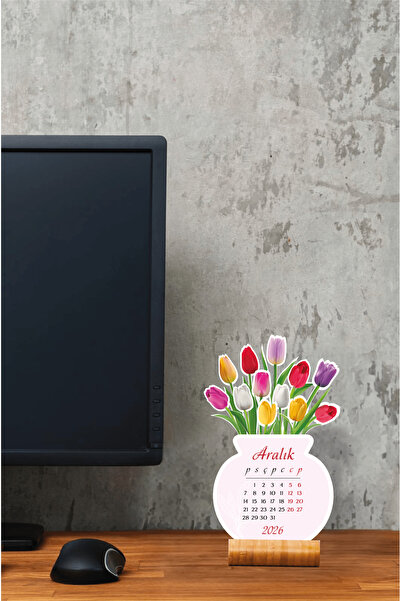 BULUT DİJİTAL 2026 Çiçekli Masa Takvimi Ahşap Standlı, Özel tasarım