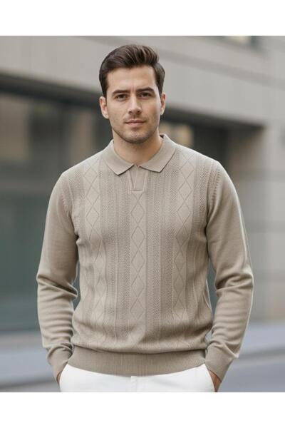 Miron Men's Beige Polo Neck Patterned Knit Sweater - 2538