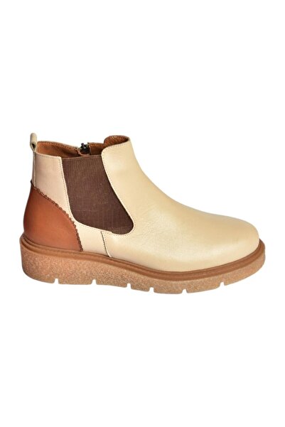 Fox Shoes V555115103 Bej Hakiki Deri Kalın Tabanlı Kadın Bot
