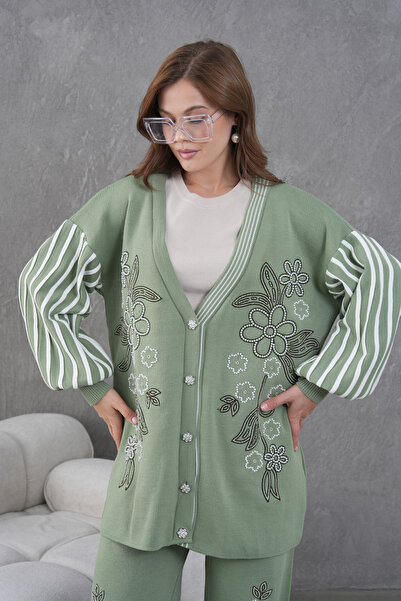 Miss Allos Women's Beaded Wide-Fit Knitwear Cardigan and Pants Bottom-Top Set