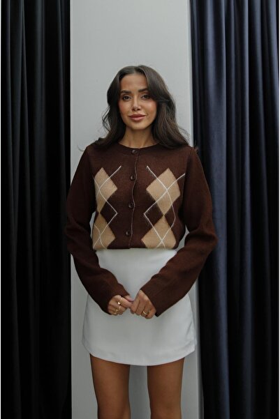 Havoş Brown Kenyon Baklava Patterned Knitwear Cardigan