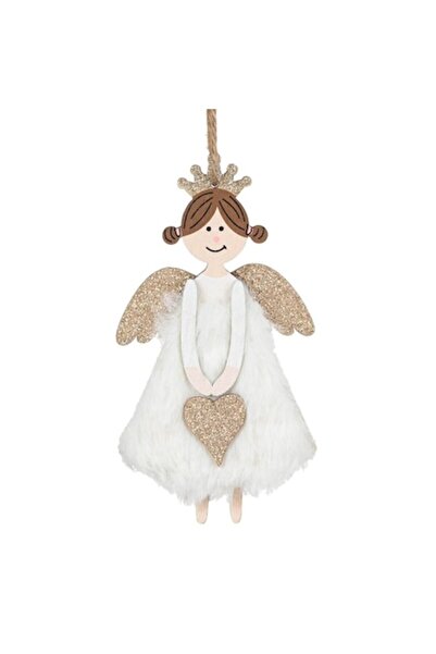 OEM Christmas Tree Ornament, Angel Model, Wood, White Fur, Glitter Wings, Heart, 14cm