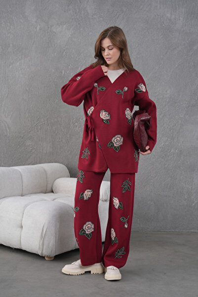 Miss Allos Women's Beaded Side-Tie Wide-Fit Knitwear Cardigan and Pants Bottom-Top Set