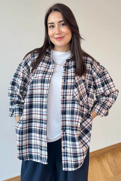 Cappmoda Gml-25164 Navy Blue Plaid Colorful Oversize Shirt