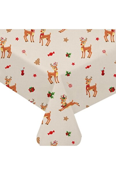 SHOPIENS Decorative Christmas Tablecloth - Beige Reindeer, 180x140 cm, 60% Cotton/40% Polyester