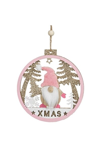 SHOPIENS Ornament de Crăciun pentru brad - glob roz din lemn cu figurină gnom...