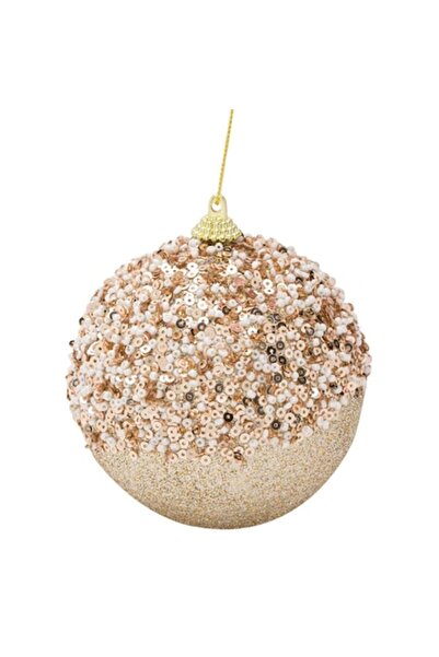 SHOPIENS Ornament de Crăciun - glob bej cu paiete, mărgele și sclipici, 9 cm