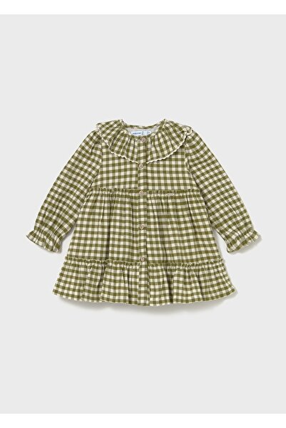 MAYORAL 1-4 Years Old Baby Girl Green Plaid Pattern Long Sleeve Button Dress