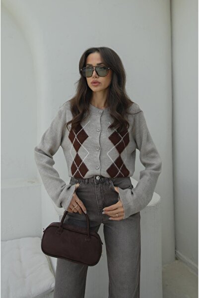 Havoş Beige Kenyon Baklava Patterned Knitwear Cardigan